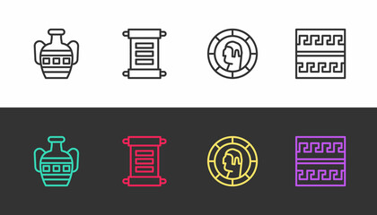 Set line Ancient amphorae, Decree, parchment, scroll, Greek coin and pattern on black and white. Vector