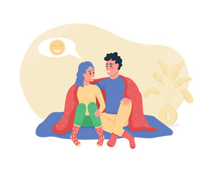 Couple happy talking 2D vector isolated illustration. Conversation with partner. Couple sitting under blanket at home flat characters on cartoon background. Romantic relationship colourful scene