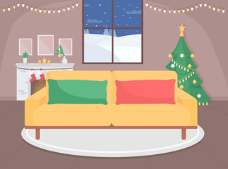 Festive living room flat color vector illustration. Couch at home with festive Christmas decorations. New Year eve in household. Festive 2D cartoon interior with window on background