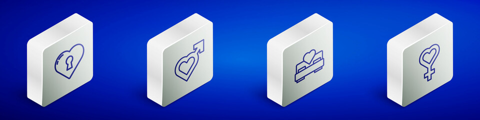 Set Isometric line Heart with keyhole, male gender, Bedroom and Female symbol icon. Vector