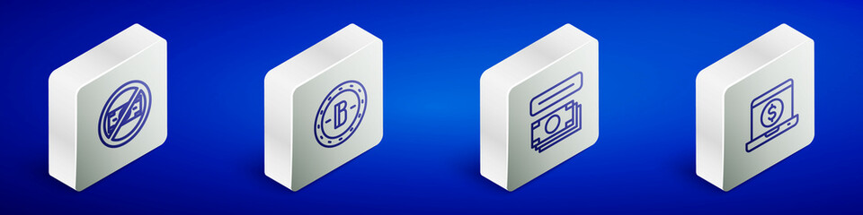 Set Isometric line No money, Bitcoin, ATM and and Laptop with dollar icon. Vector