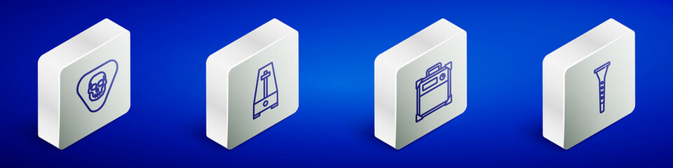 Set Isometric line Guitar pick, Metronome with pendulum, amplifier and Clarinet icon. Vector