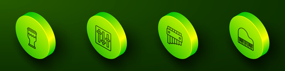 Set Isometric line Drum, Sound mixer controller, Pan flute and Grand piano icon. Vector