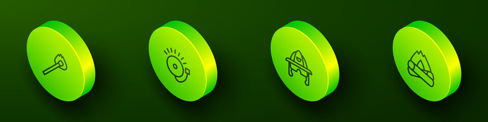Set Isometric line Burning match with fire, Ringing alarm bell, Firefighter helmet and Campfire icon. Vector