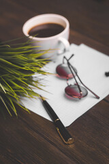 wooden table coffee cup notepad accessories business
