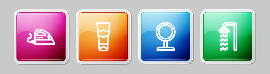 Set line Electric iron, Tube of toothpaste, Round makeup mirror and Shower. Colorful square button. Vector