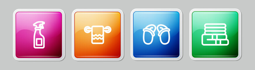 Set line Cleaning spray bottle, Towel on hanger, Flip flops and stack. Colorful square button. Vector