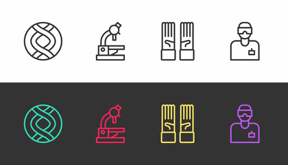 Set line DNA symbol, Microscope, Medical rubber gloves and Laboratory assistant on black and white. Vector