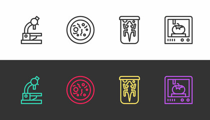 Set line Microscope, Petri dish with bacteria, Experimental animal and 3D printing technology on black and white. Vector