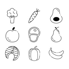 Simple set of vector line icons of healthy, wholesome and proper nutrition. Contains icons such as broccoli, apple, meat, fish, pear, avocado and more. Editable move.  
