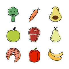Simple set of vector line icons of healthy, wholesome and proper nutrition. Contains icons such as broccoli, apple, meat, fish, pear, avocado and more. Editable move.  Food line сolored icons
