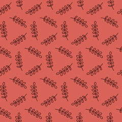 Seamless pattern hand drawn black twig with leaves on red brick carmine background, wallpaper wrapping textile design
