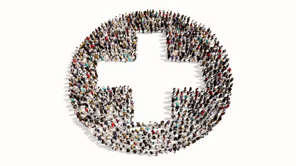 Concept or conceptual large gathering  of people forming a cross sign on white backround. A 3d illustration metaphor for medical care, assistance, emergency, doctor, pharmacy or  hospital