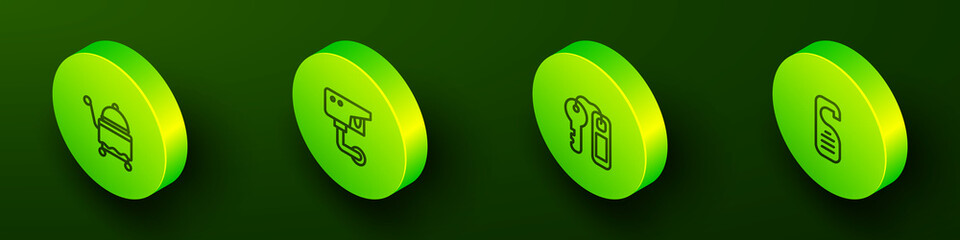 Set Isometric line Covered with tray, Security camera, Hotel door lock key and Please not disturb icon. Vector