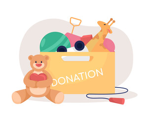Toys donation box 2D vector isolated illustration. Support orphanage by giving away dolls. Humanitarian aid flat composition on cartoon background. Charity contribution colourful scene - obrazy, fototapety, plakaty