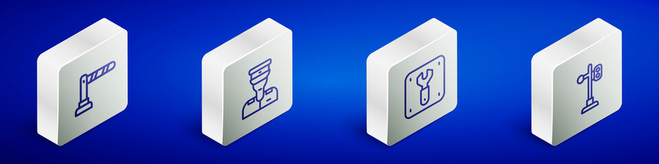 Set Isometric line Railway barrier, Train conductor, Repair of railway and traffic light icon. Vector