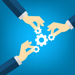 Business concept. Team metaphor. Employee team create mechanism with cogs. Symbol of teamwork, cooperation, partnership. Vector illustration