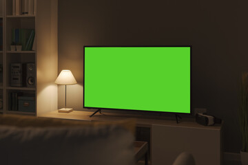 Television with horizontal green screen in the living room