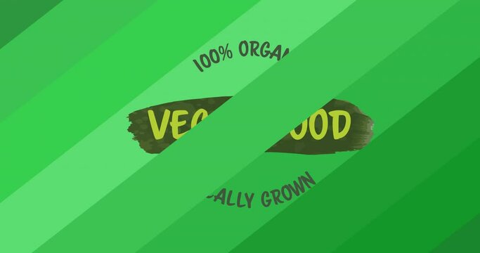 Animation of 100 percent organic vegan food locally grown text in green, over green diagonal stripes