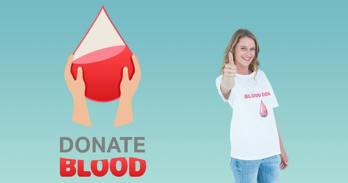 Animation of donate blood text and logo, with smiling woman in blood donor t shirt giving thumbs up