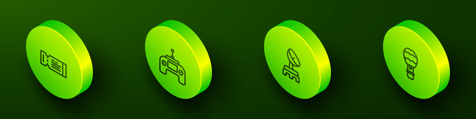 Set Isometric line Airline ticket, Drone remote control, Radar and Hot air balloon icon. Vector