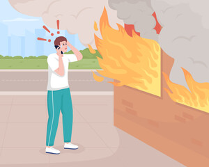 Man calling fireman flat color vector illustration. Burning building. House in flames and smoke. Pinicking person talking on phone 2D cartoon character with urban street on background
