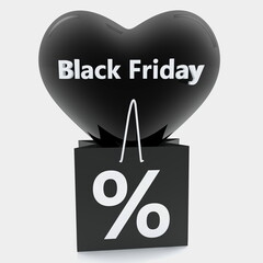 Shopping bag and heart with black friday concept