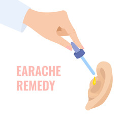 Doctor treating earache by dripping drops to the patient ear. Otitis disease treatment. Remedy for hearing problems. Earache as a symptom of coronavirus. Medical vector illustration.