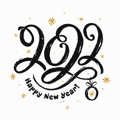 2022 lettering. Happy New Year greeting card. Black hand drawn paintbrush figures isolated on white background with glittering snowflakes. Modern minimalistic illustration. Vector.