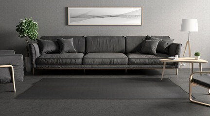 Blank black rectangular interior carpet in room mockup, front view