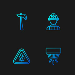 Set line Smoke alarm system, Fire flame in triangle, Firefighter axe and . Gradient color icons. Vector