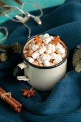 Hot chocolate or cocoa in an enameled mug wrapped in a blue plaid. Close-up with a garland and fir branches