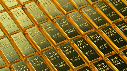 Stacks of gold bullions 3D render