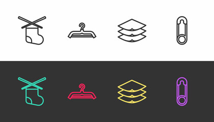 Set line Knitting needles, Hanger wardrobe, Layers clothing textile and Safety pin on black and white. Vector