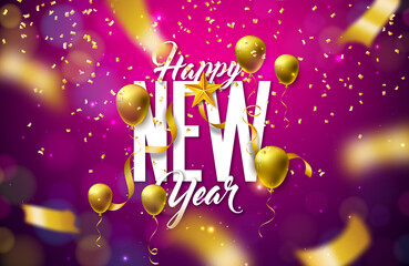 2022 Happy New Year Illustration with Falling Confetti, Serpentine and Party Balloons on Colorful Blurry Background. Vector Christmas Holiday Season Design with Typography Lettering for Flyer