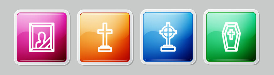 Set line Mourning photo frame, Grave with cross, and Coffin. Colorful square button. Vector