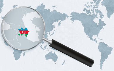 Asia centered world map with magnified glass on Azerbaijan. Focus on map of Azerbaijan on Pacific-centric World Map.