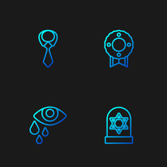 Set line Grave with star of david, Tear cry eye, Tie and Memorial wreath. Gradient color icons. Vector