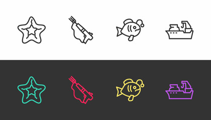 Set line Starfish, Fishing harpoon, Tropical and boat on black and white. Vector