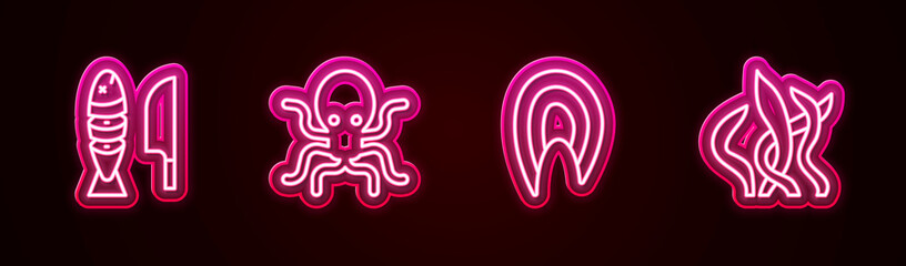 Set line Fish with sliced pieces, Octopus, steak and Seaweed. Glowing neon icon. Vector
