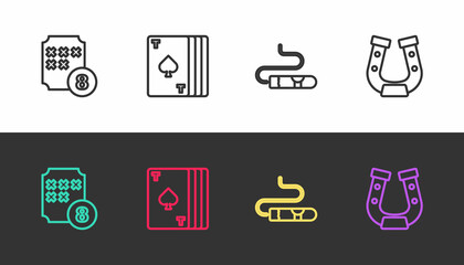 Set line Lottery ball on bingo card, Deck of playing cards, Cigar and Horseshoe on black and white. Vector