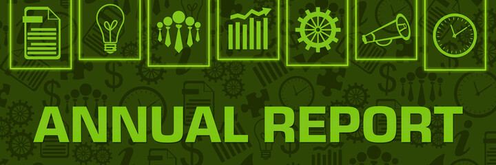 Fototapeta na wymiar Annual Report Green Neon Business Symbols On Top Horizontal 