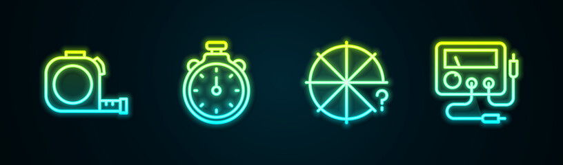 Set line Roulette construction, Stopwatch, Circle of pieces and Multimeter, voltmeter. Glowing neon icon. Vector