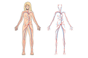 Woman arterial and venous circulatory system. Female blood vessel diagram on education poster or banner. Person medical infographics. Science and medicine concept. Flat vector illustration. 