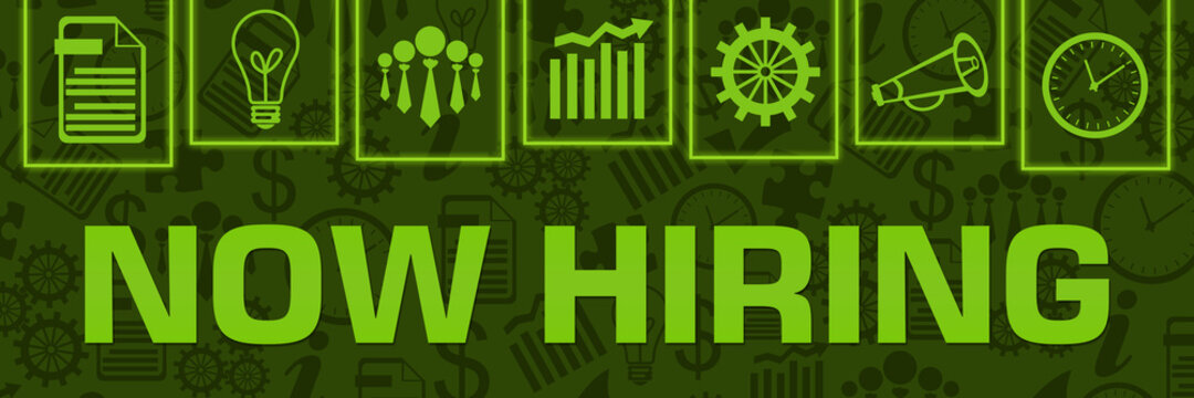 Now Hiring Green Neon Business Symbols On Top Horizontal 