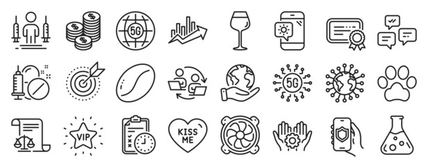 Fototapeta na wymiar Set of line icons, such as 5g technology, Teamwork process, Security app icons. Exam time, Weather phone, Chat messages signs. Save planet, Coronavirus, Kiss me. 5g internet, Certificate. Vector