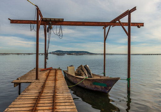 Shellfish boat on a ramp, at the port of Loupian, on the Thau lagoon in Occitanie, France
