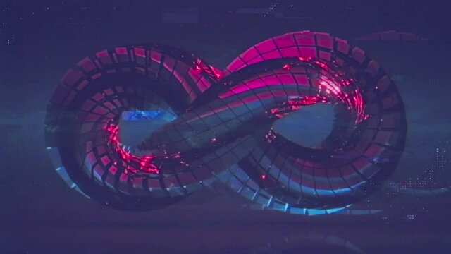 Lemniscate of Bernoulli Infinity sign with retro VHS grain. 80s retrowave style motion graphic. Seamless loop 3D render animation