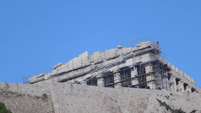 Pan up of the Parthenon's reconstruction in Athens, Greece.