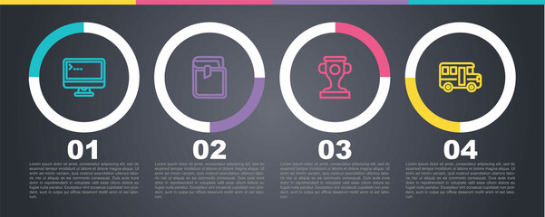Set line Computer monitor, Book, Award cup and School Bus. Business infographic template. Vector